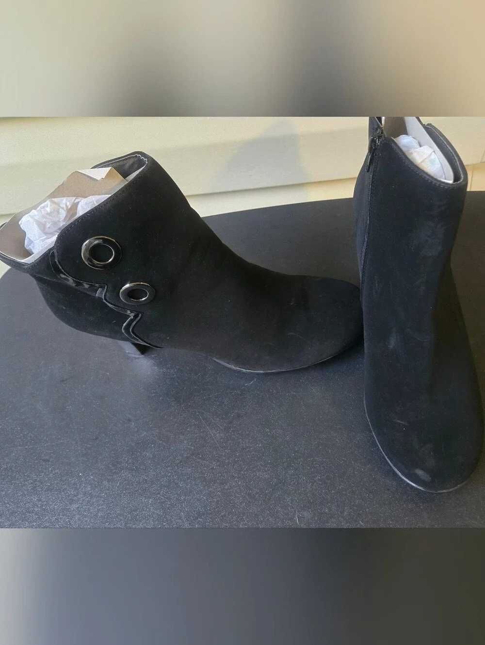 Black Suede Heel Ankle Boots with Grommet Detail
